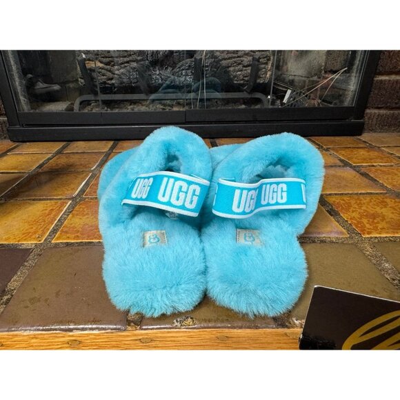 Youth 4 Ugg Australia Oh Yeah Light Blue Fluffy Soft Slippers 1115752K - Picture 6 of 8